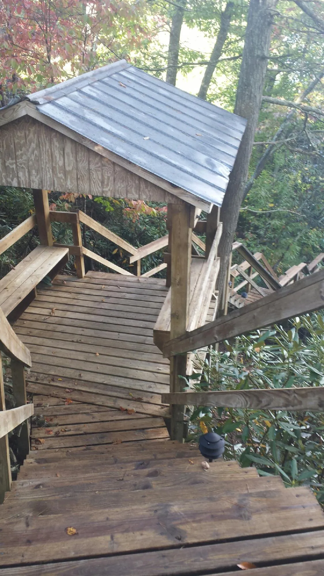 Metal roofed shelter over wooden steps on a wooded walkway — Skylight Repair & Installation work by our crew in Hemingway